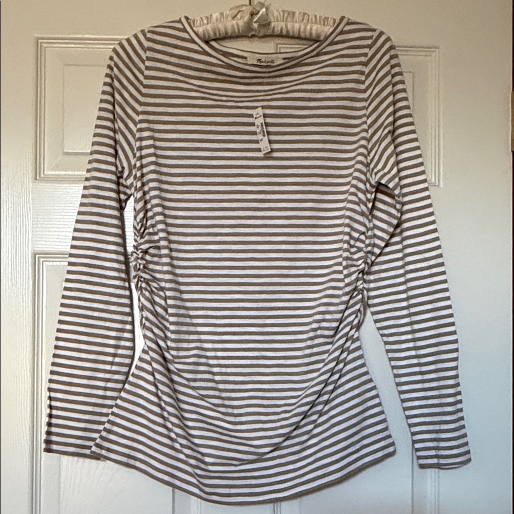 Madewell Tan and White Striped Long Sleeve Cinch Waist Tee Medium NWT